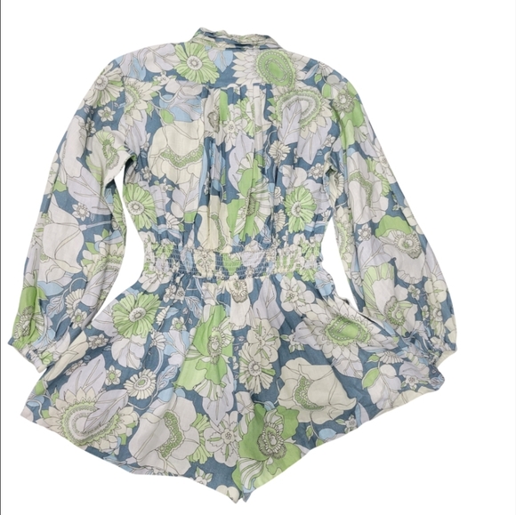 Guess 100% Linen All Over Floral Long Puffed Sleeves Shorts Romper Size S Summer - Picture 4 of 12